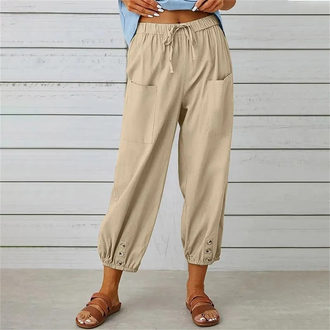 Women Elastic High Waist Lace Up Loose Ankle Trousers Wide Leg Straight Cotton Linen Harem Pants
