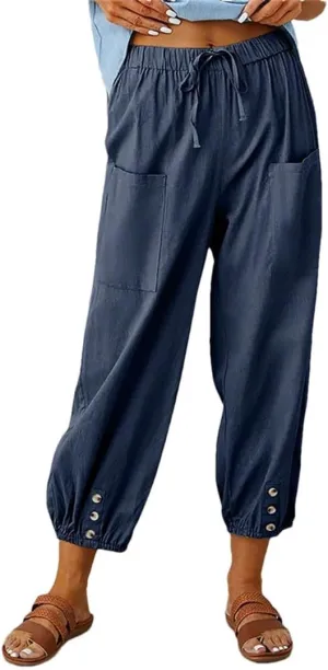 Women Elastic High Waist Lace Up Loose Ankle Trousers Wide Leg Straight Cotton Linen Harem Pants