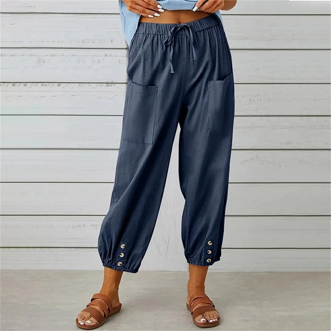 Women Elastic High Waist Lace Up Loose Ankle Trousers Wide Leg Straight Cotton Linen Harem Pants