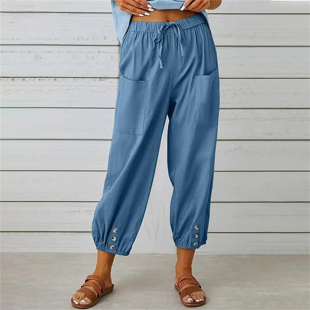 Women Elastic High Waist Lace Up Loose Ankle Trousers Wide Leg Straight Cotton Linen Harem Pants