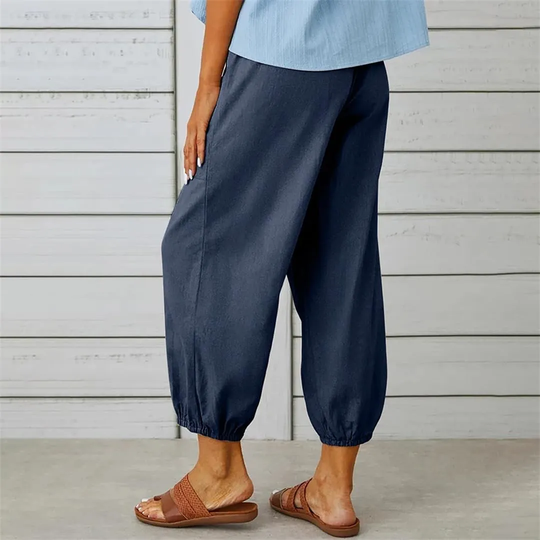Women Elastic High Waist Lace Up Loose Ankle Trousers Wide Leg Straight Cotton Linen Harem Pants