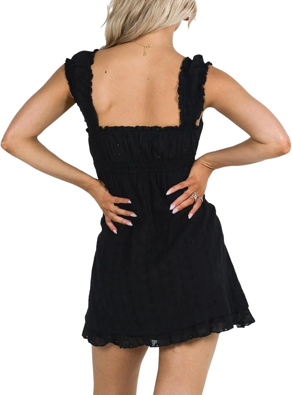 Women Floral Embroidery Mini Dress Sleeveless Ruffle A-line Loose Flowy Short Dress Beach Party Graduation Dress