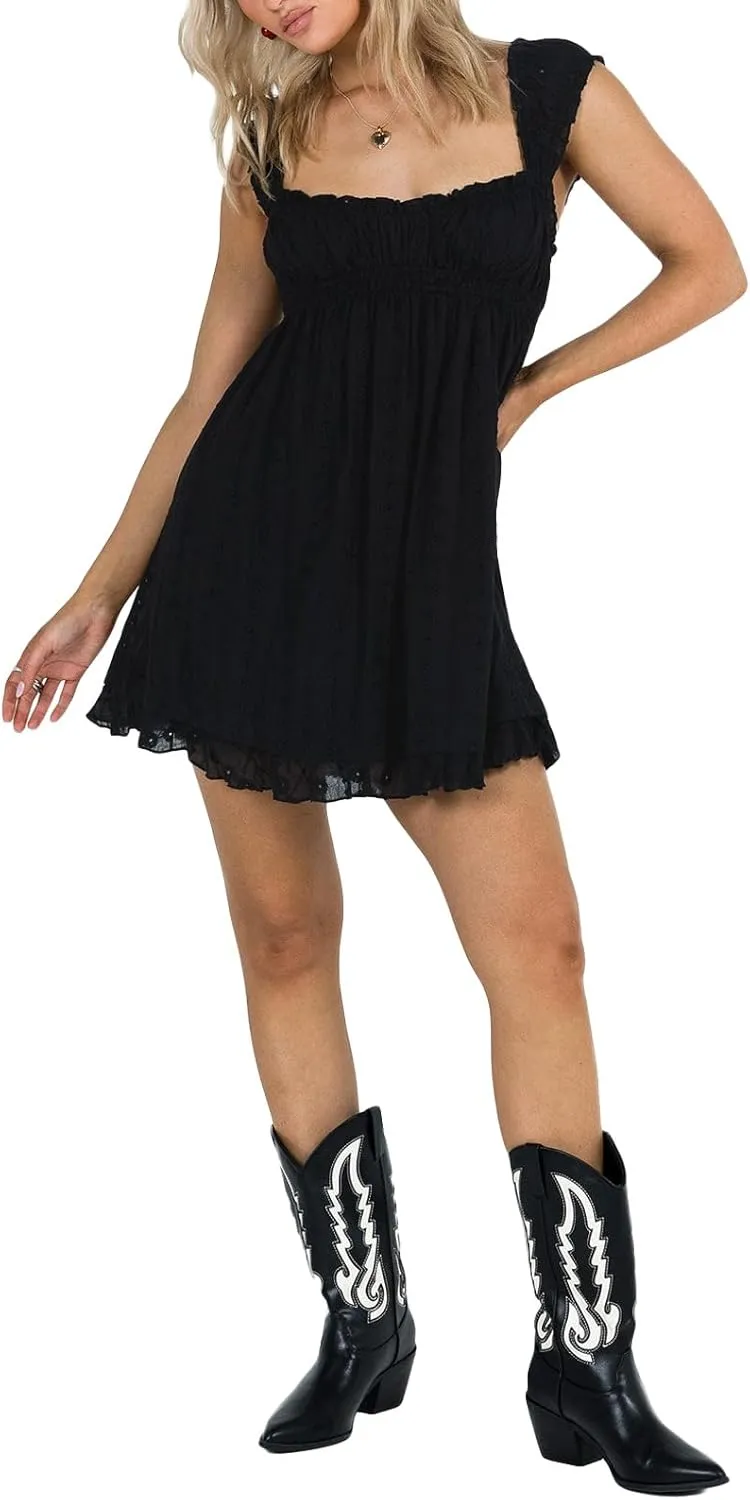 Women Floral Embroidery Mini Dress Sleeveless Ruffle A-line Loose Flowy Short Dress Beach Party Graduation Dress