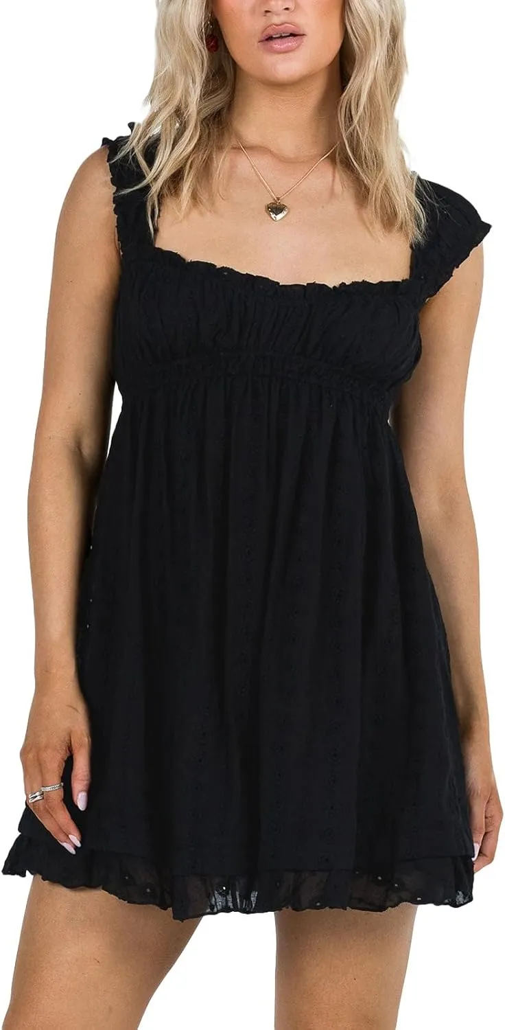 Women Floral Embroidery Mini Dress Sleeveless Ruffle A-line Loose Flowy Short Dress Beach Party Graduation Dress