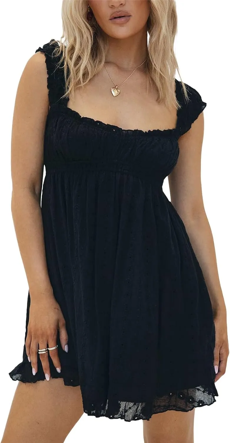 Women Floral Embroidery Mini Dress Sleeveless Ruffle A-line Loose Flowy Short Dress Beach Party Graduation Dress