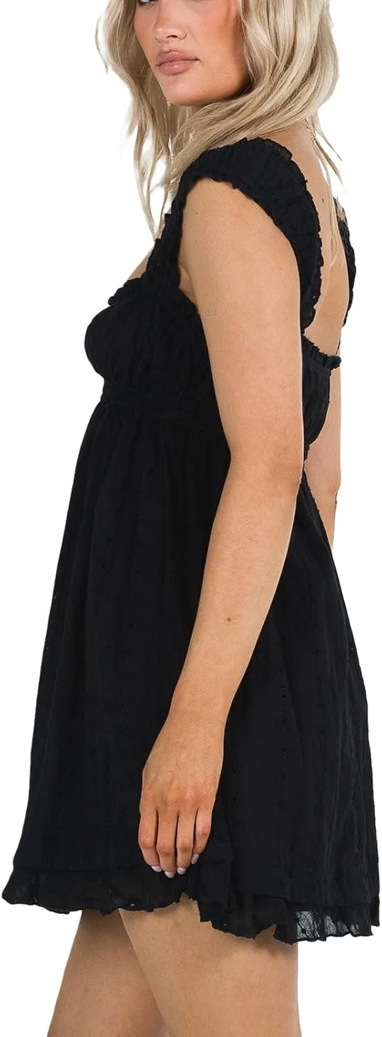Women Floral Embroidery Mini Dress Sleeveless Ruffle A-line Loose Flowy Short Dress Beach Party Graduation Dress