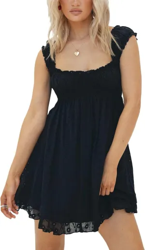 Women Floral Embroidery Mini Dress Sleeveless Ruffle A-line Loose Flowy Short Dress Beach Party Graduation Dress