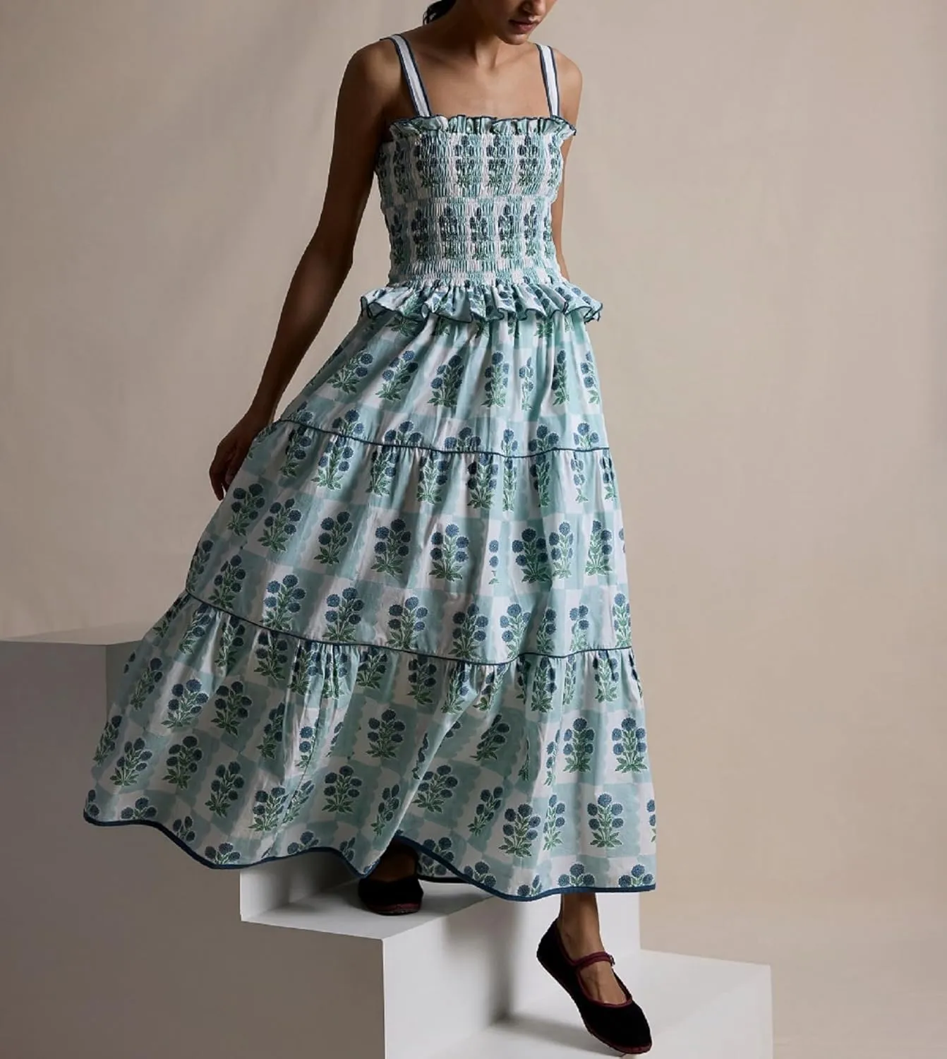 Women Floral Long Dress Boho Tie Shoulder Flowy Sundress Sleeveless Backless Maxi Dress Summer Holiday Beachwear