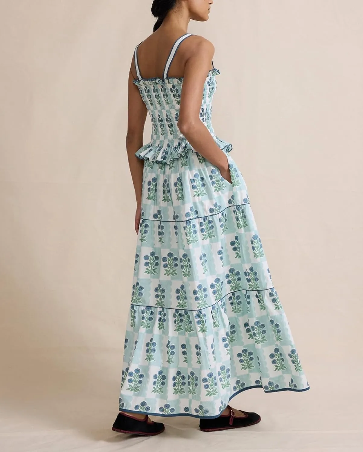 Women Floral Long Dress Boho Tie Shoulder Flowy Sundress Sleeveless Backless Maxi Dress Summer Holiday Beachwear