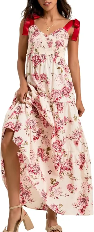 Women Floral Long Dress Boho Tie Shoulder Flowy Sundress Sleeveless Backless Maxi Dress Summer Holiday Beachwear