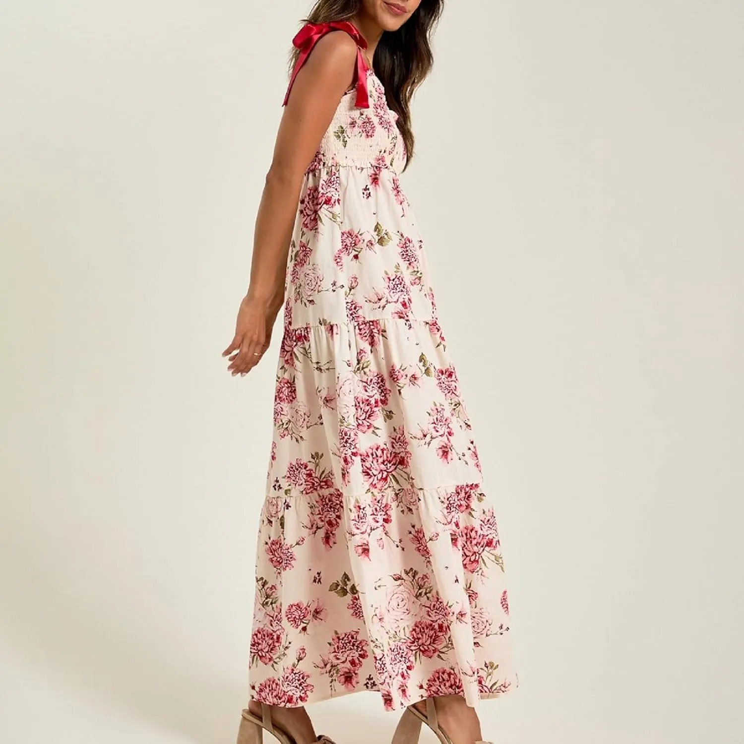 Women Floral Long Dress Boho Tie Shoulder Flowy Sundress Sleeveless Backless Maxi Dress Summer Holiday Beachwear