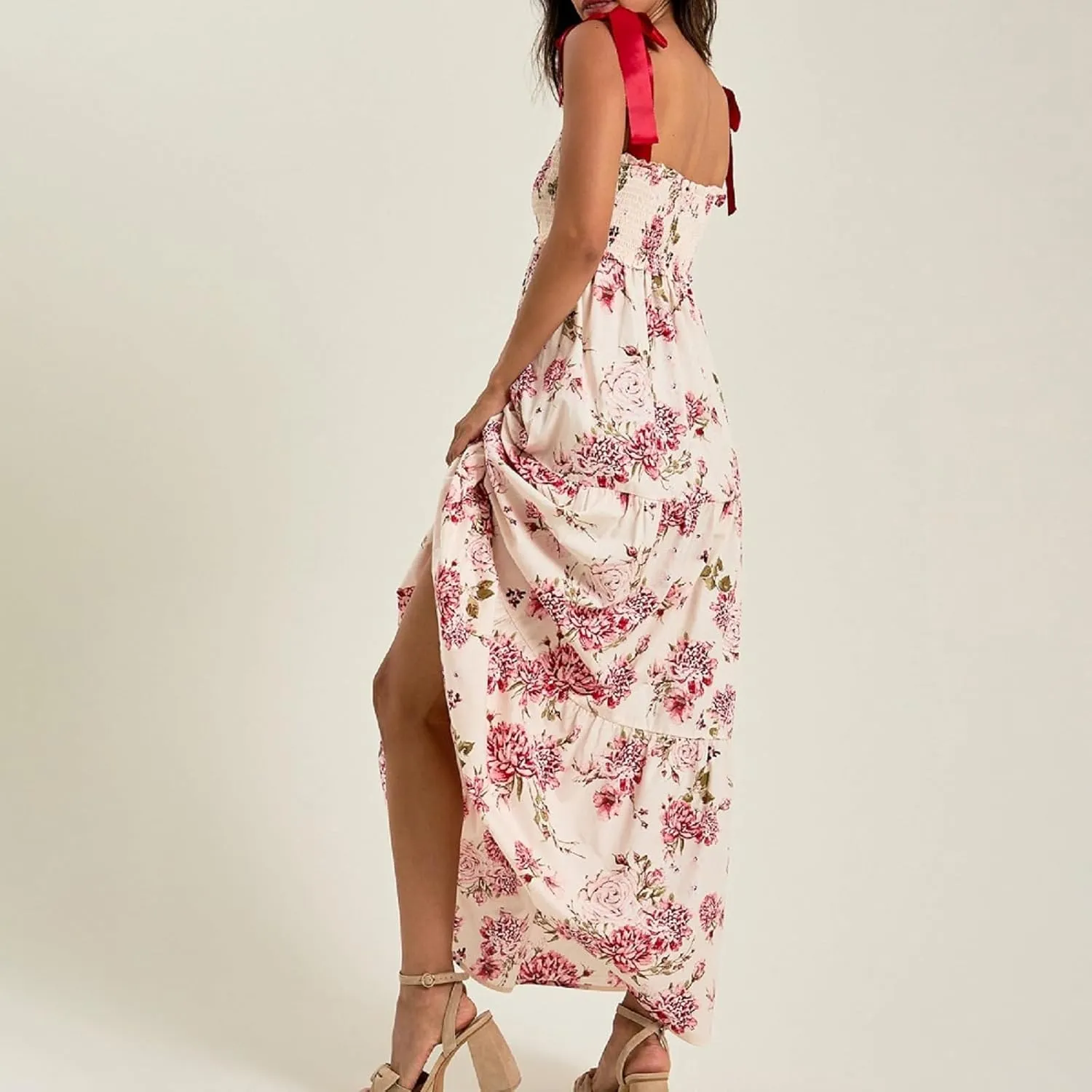 Women Floral Long Dress Boho Tie Shoulder Flowy Sundress Sleeveless Backless Maxi Dress Summer Holiday Beachwear
