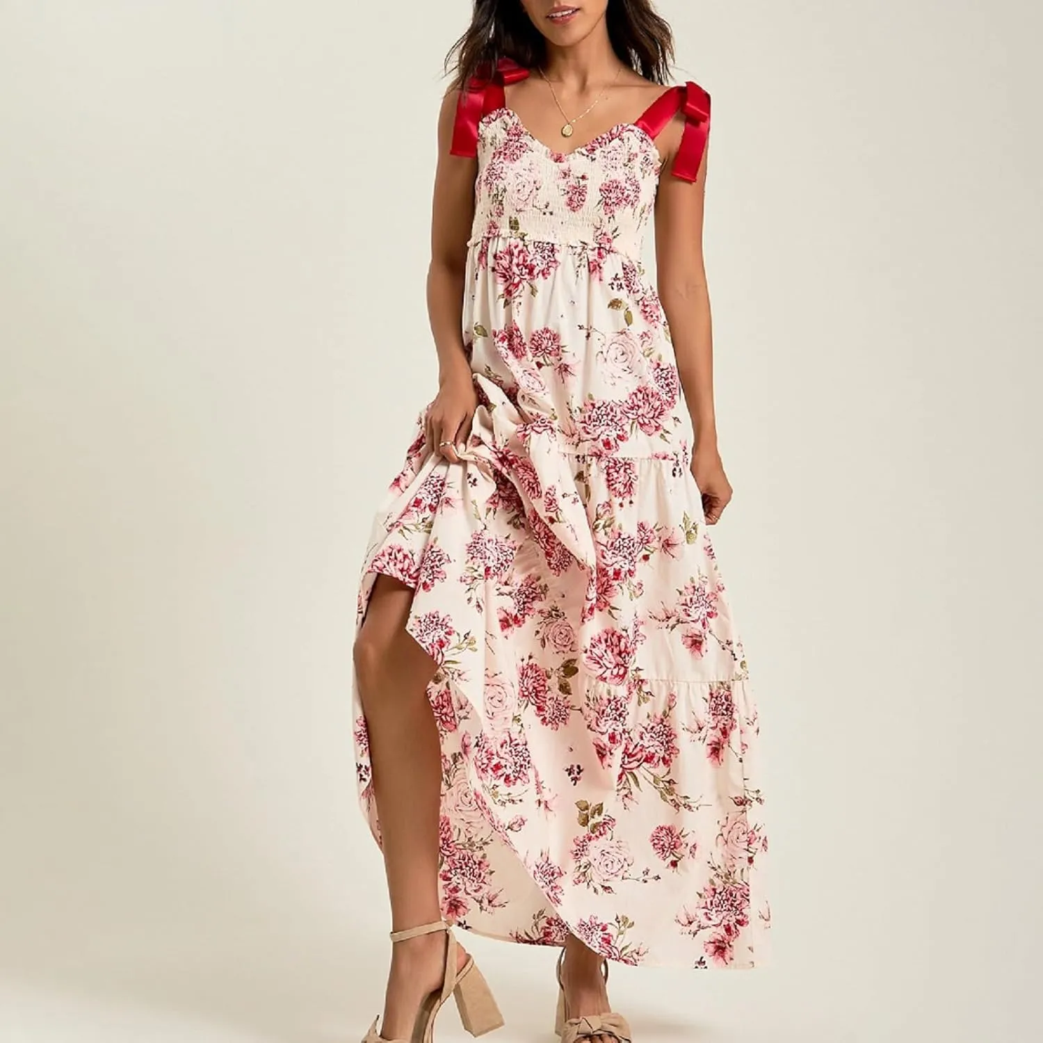Women Floral Long Dress Boho Tie Shoulder Flowy Sundress Sleeveless Backless Maxi Dress Summer Holiday Beachwear