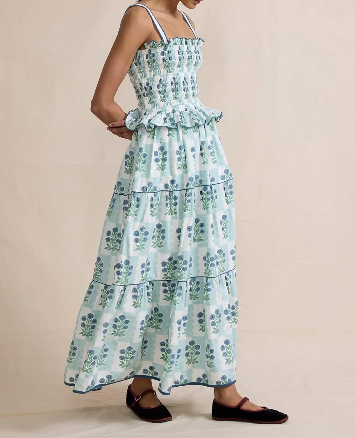 Women Floral Long Dress Boho Tie Shoulder Flowy Sundress Sleeveless Backless Maxi Dress Summer Holiday Beachwear
