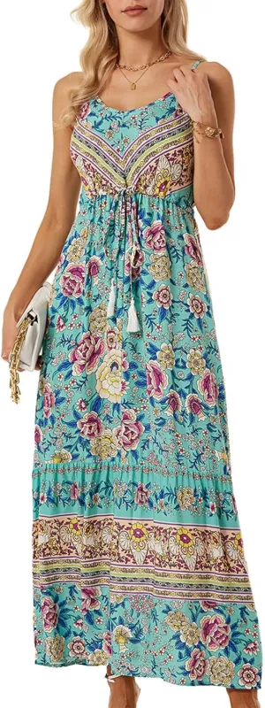 Women Floral Strap Long Dress Boho Graffiti Ruffle Backless Cami Dress Flowy Sleeveless Maxi Summer Beachwear