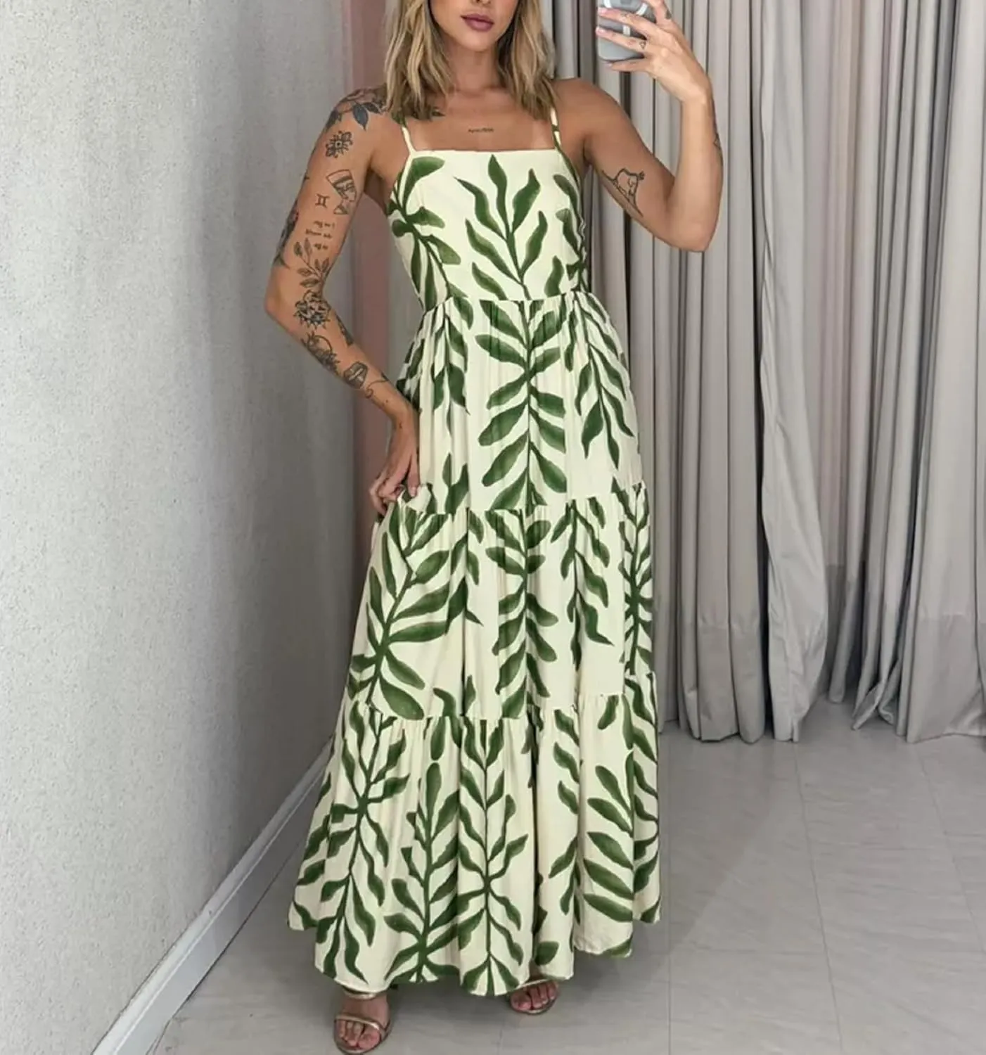 Women Floral Strap Long Dress Boho Graffiti Ruffle Backless Cami Dress Flowy Sleeveless Maxi Summer Beachwear