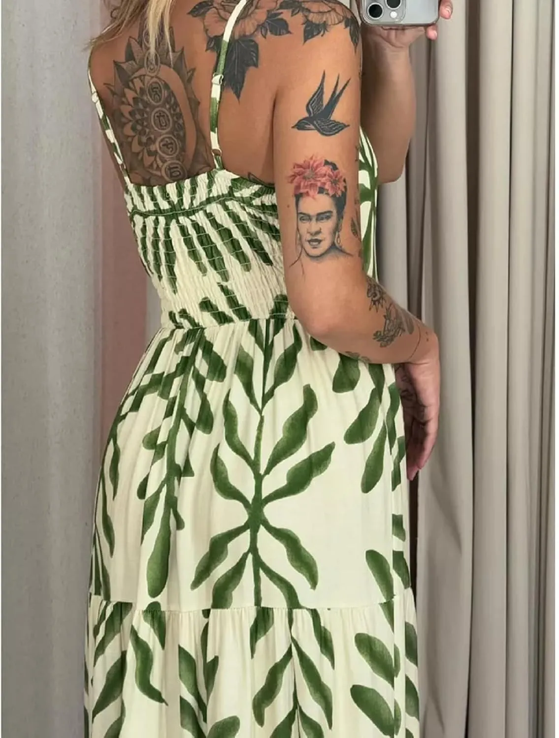 Women Floral Strap Long Dress Boho Graffiti Ruffle Backless Cami Dress Flowy Sleeveless Maxi Summer Beachwear