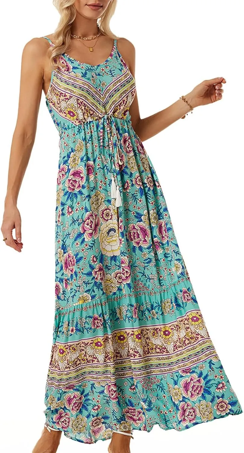 Women Floral Strap Long Dress Boho Graffiti Ruffle Backless Cami Dress Flowy Sleeveless Maxi Summer Beachwear