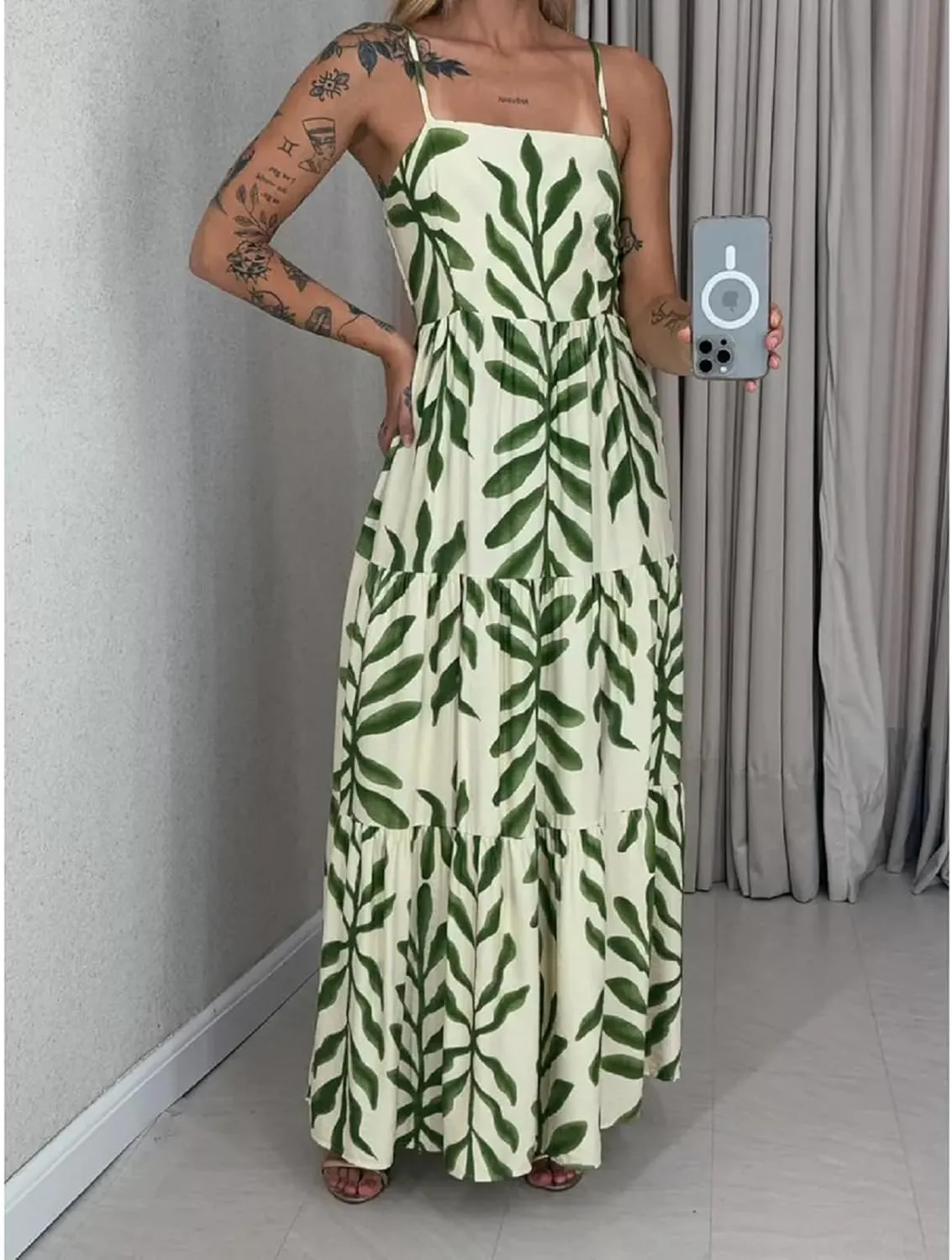 Women Floral Strap Long Dress Boho Graffiti Ruffle Backless Cami Dress Flowy Sleeveless Maxi Summer Beachwear