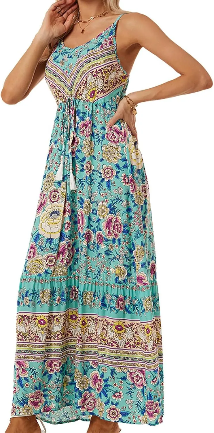 Women Floral Strap Long Dress Boho Graffiti Ruffle Backless Cami Dress Flowy Sleeveless Maxi Summer Beachwear