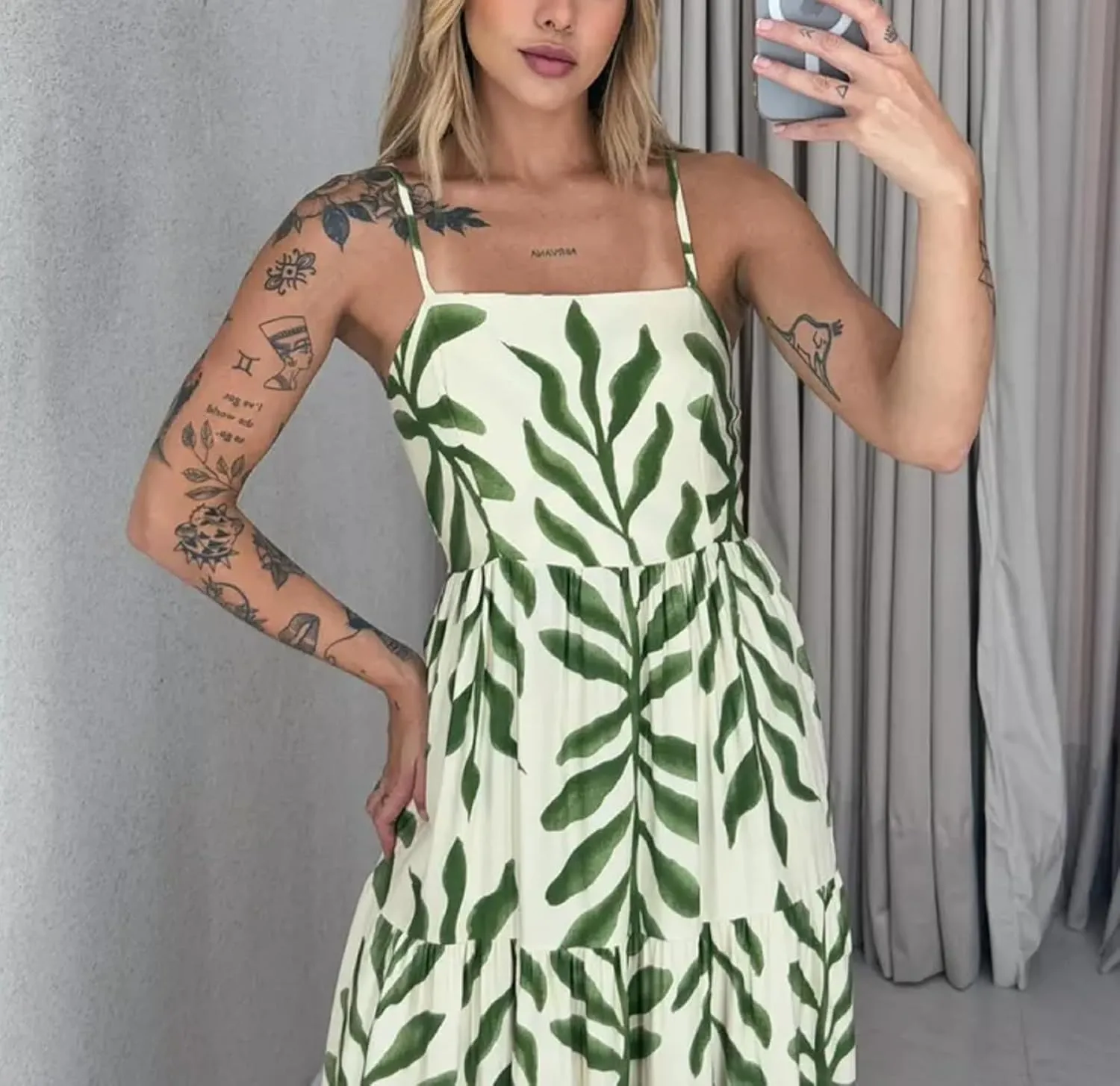 Women Floral Strap Long Dress Boho Graffiti Ruffle Backless Cami Dress Flowy Sleeveless Maxi Summer Beachwear