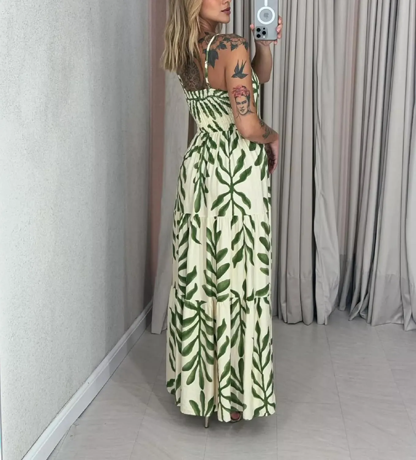 Women Floral Strap Long Dress Boho Graffiti Ruffle Backless Cami Dress Flowy Sleeveless Maxi Summer Beachwear