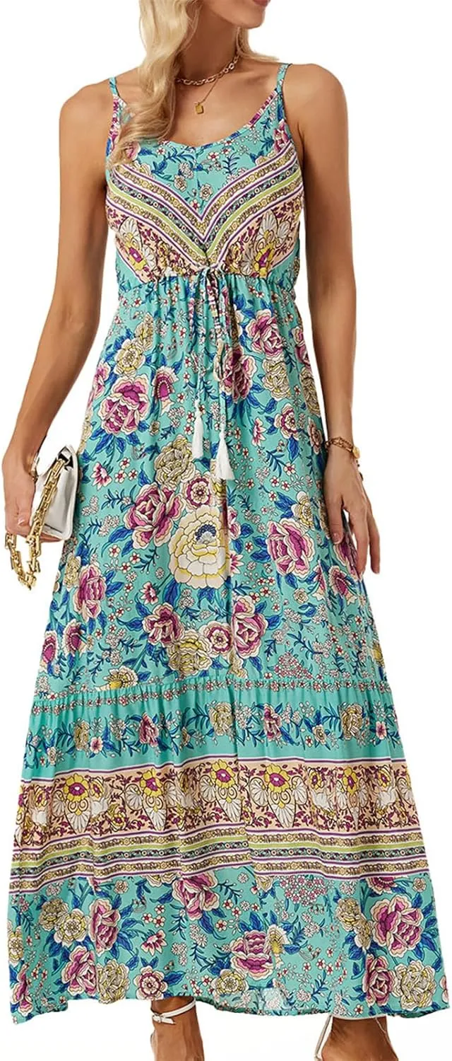 Women Floral Strap Long Dress Boho Graffiti Ruffle Backless Cami Dress Flowy Sleeveless Maxi Summer Beachwear