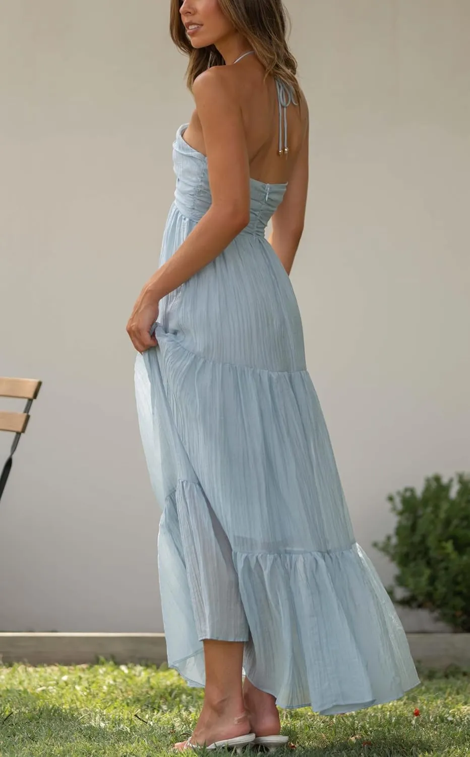 Women Halter Neck Maxi Dress Floral Flowy Backless Long Dress Y2K Low Cut Ruffle Sleeveless Sundress Beachwear