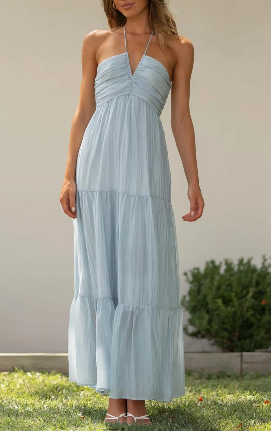 Women Halter Neck Maxi Dress Floral Flowy Backless Long Dress Y2K Low Cut Ruffle Sleeveless Sundress Beachwear
