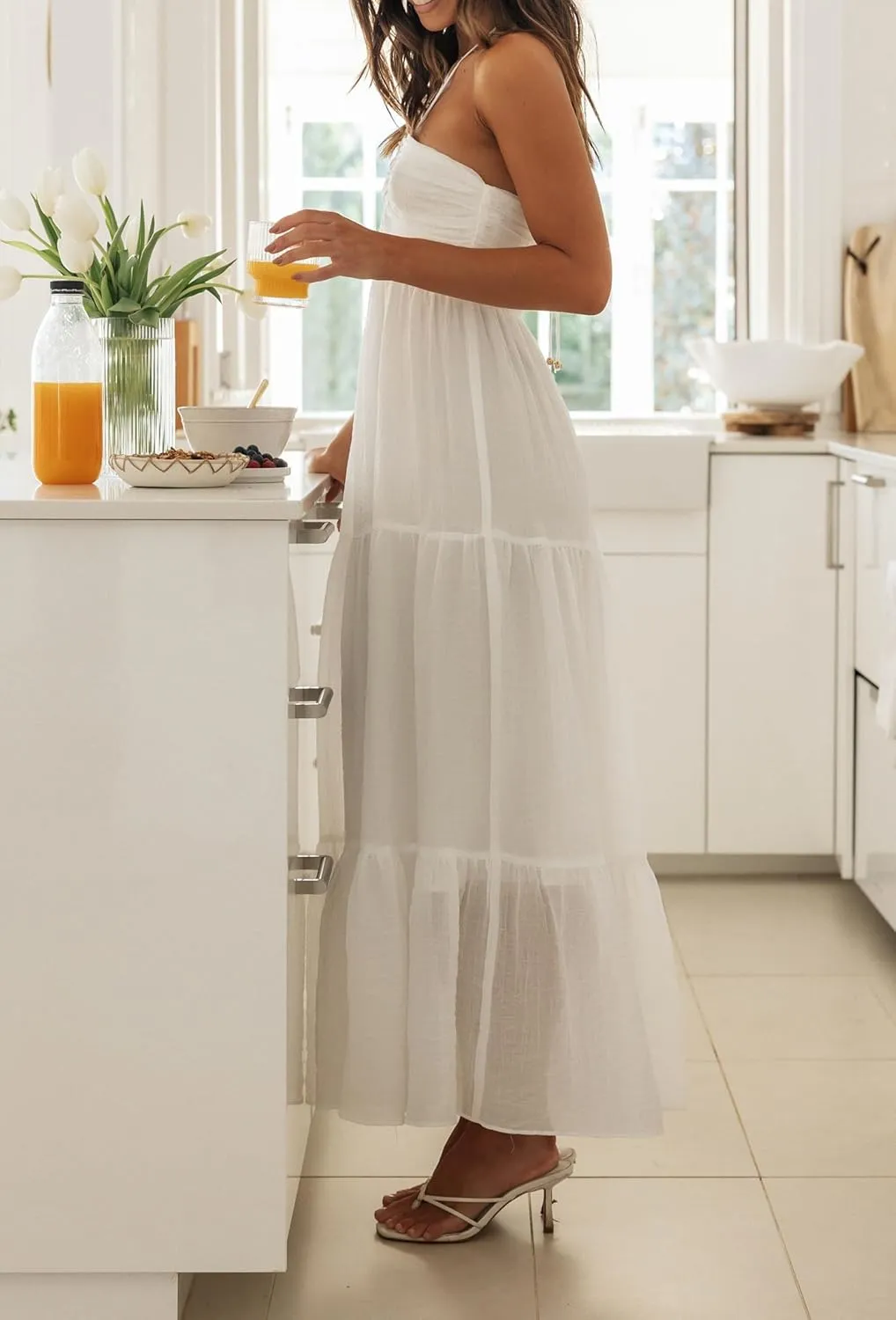 Women Halter Neck Maxi Dress Floral Flowy Backless Long Dress Y2K Low Cut Ruffle Sleeveless Sundress Beachwear