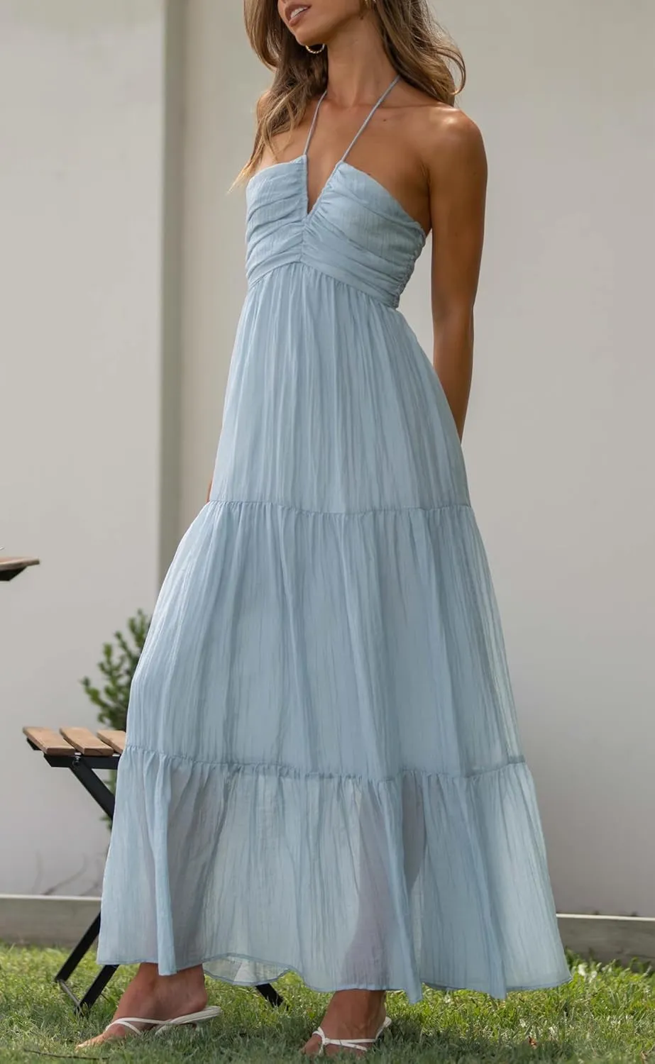 Women Halter Neck Maxi Dress Floral Flowy Backless Long Dress Y2K Low Cut Ruffle Sleeveless Sundress Beachwear