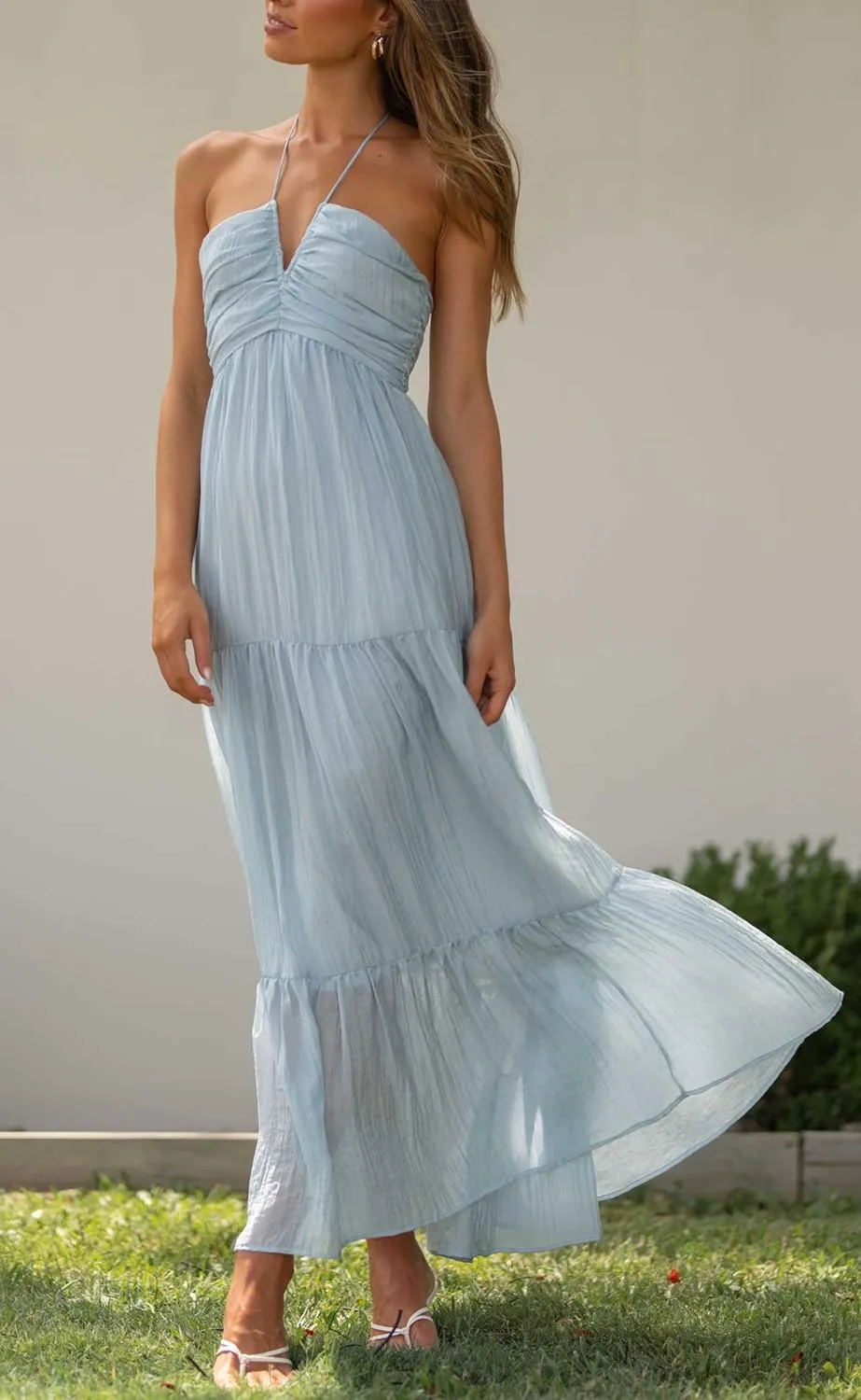 Women Halter Neck Maxi Dress Floral Flowy Backless Long Dress Y2K Low Cut Ruffle Sleeveless Sundress Beachwear