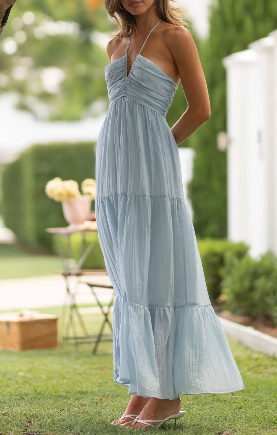 Women Halter Neck Maxi Dress Floral Flowy Backless Long Dress Y2K Low Cut Ruffle Sleeveless Sundress Beachwear