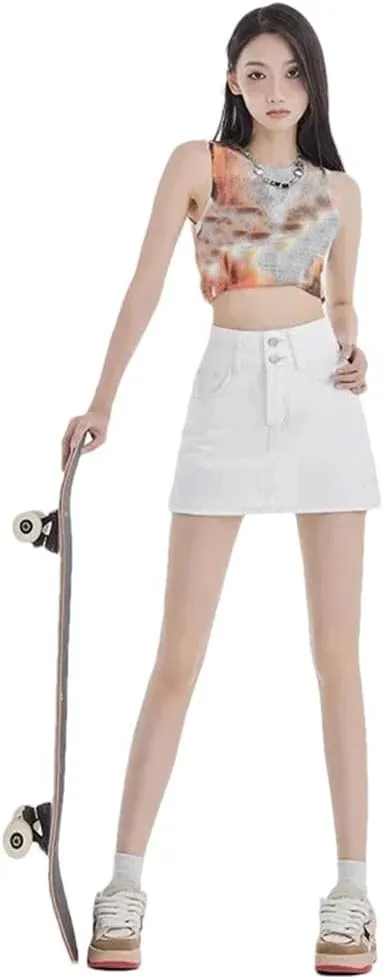 Women High-Waisted Double-Buttoned Denim Skirt Slimming A- Line Mini Dress