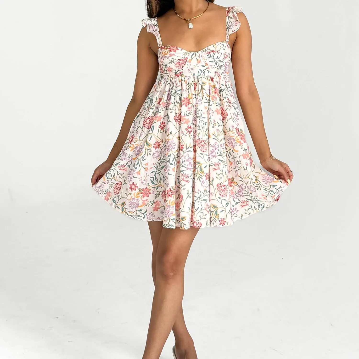 Women Lace Trim Mini Dress Y2K Fly Sleeve Bowknot Embellished Babysoll Short Dress Summer Casual Beach Sundress
