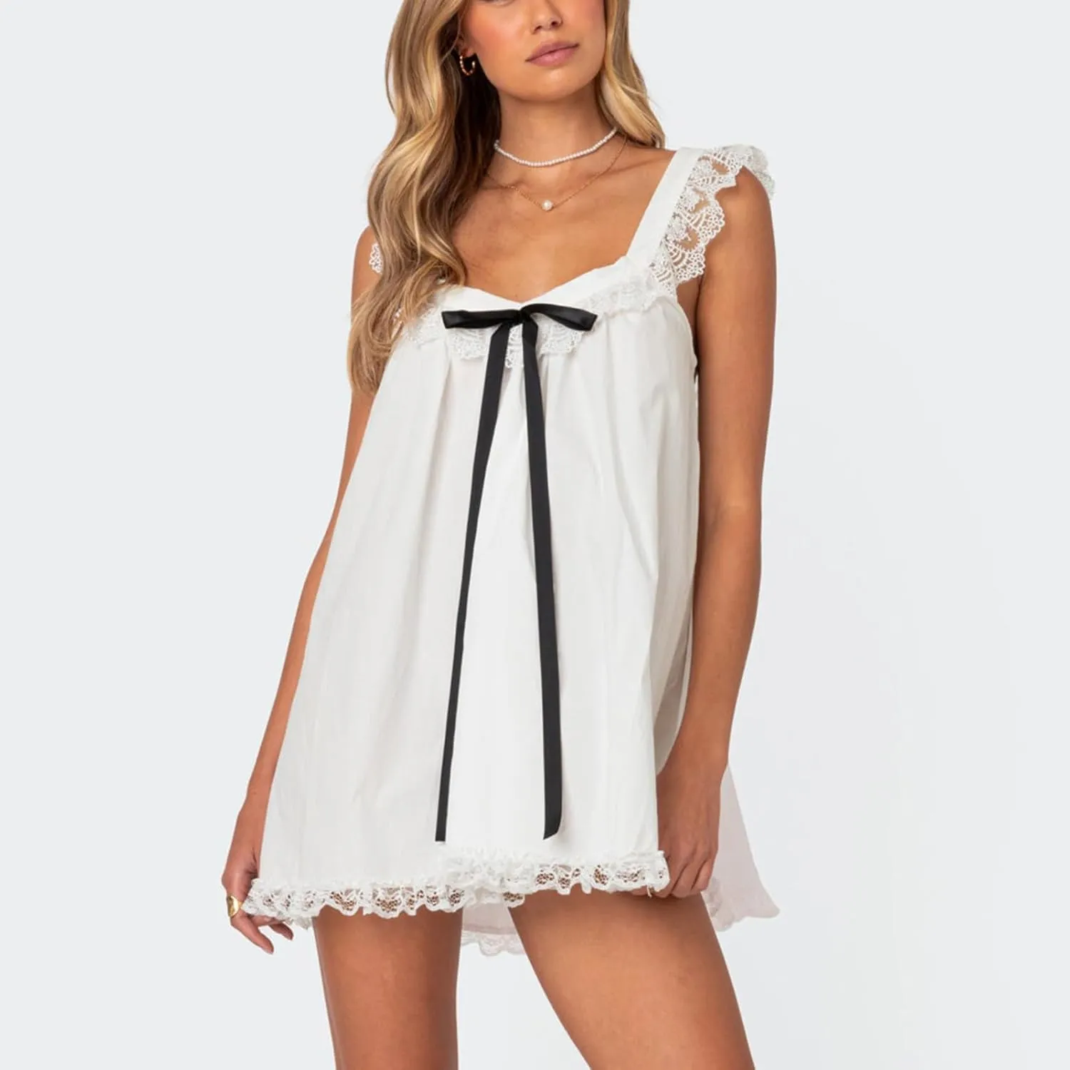 Women Lace Trim Mini Dress Y2K Fly Sleeve Bowknot Embellished Babysoll Short Dress Summer Casual Beach Sundress