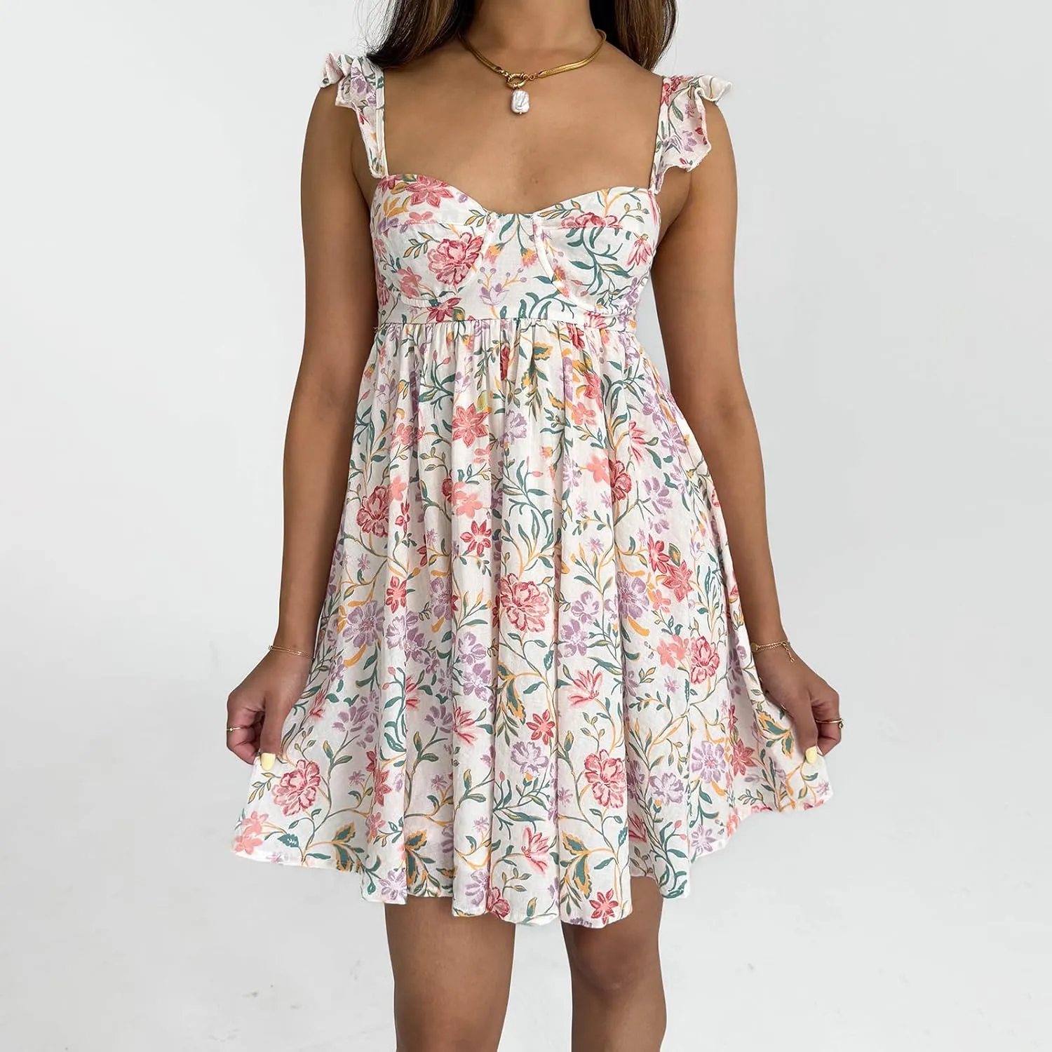 Women Lace Trim Mini Dress Y2K Fly Sleeve Bowknot Embellished Babysoll Short Dress Summer Casual Beach Sundress