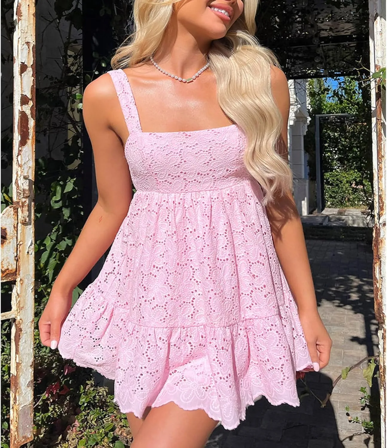 Women Lace Trim Mini Dress Y2K Fly Sleeve Bowknot Embellished Babysoll Short Dress Summer Casual Beach Sundress
