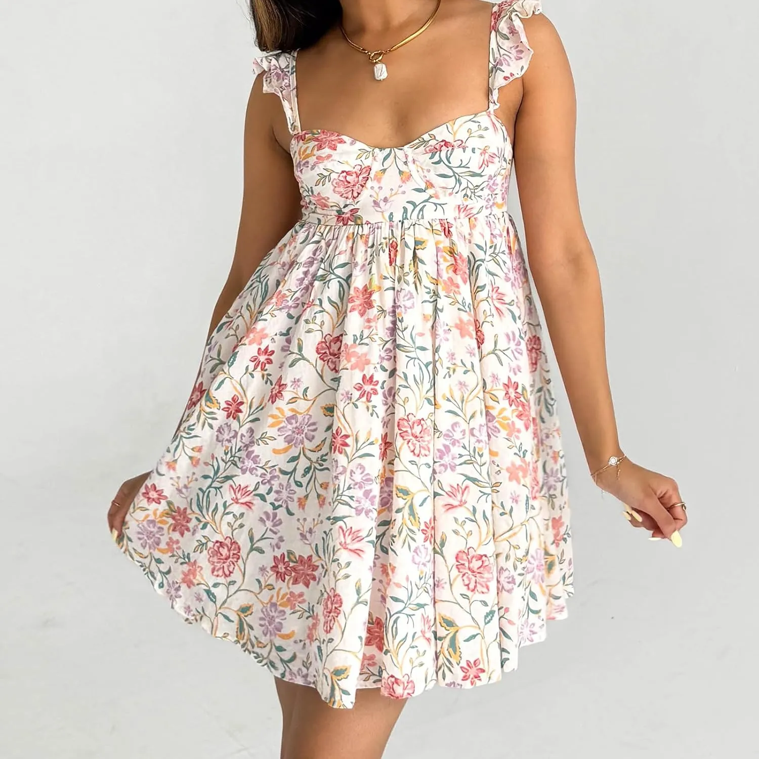 Women Lace Trim Mini Dress Y2K Fly Sleeve Bowknot Embellished Babysoll Short Dress Summer Casual Beach Sundress