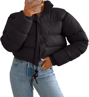 Women Long Sleeved Cropped Parkas Slim Fit Zipper Puffer Outwears Cotton Padded Snow Coat