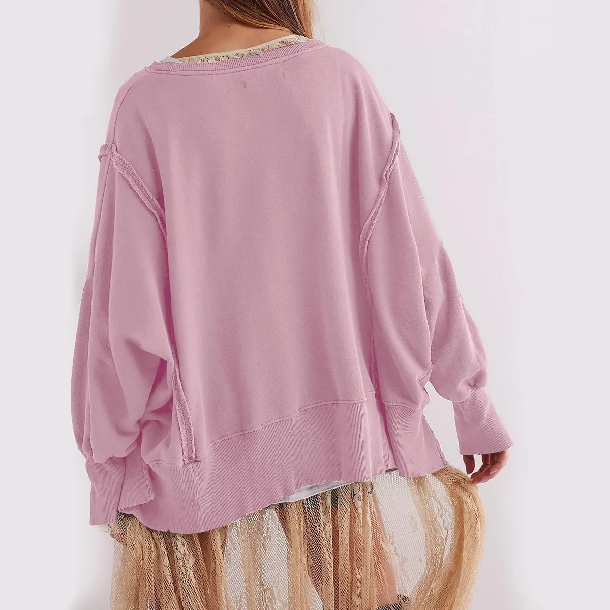 Women Loose Crewneck Cotton Sweatshirt Side Slit Long Sleeve Casual Pullover Sweatshirts for Women