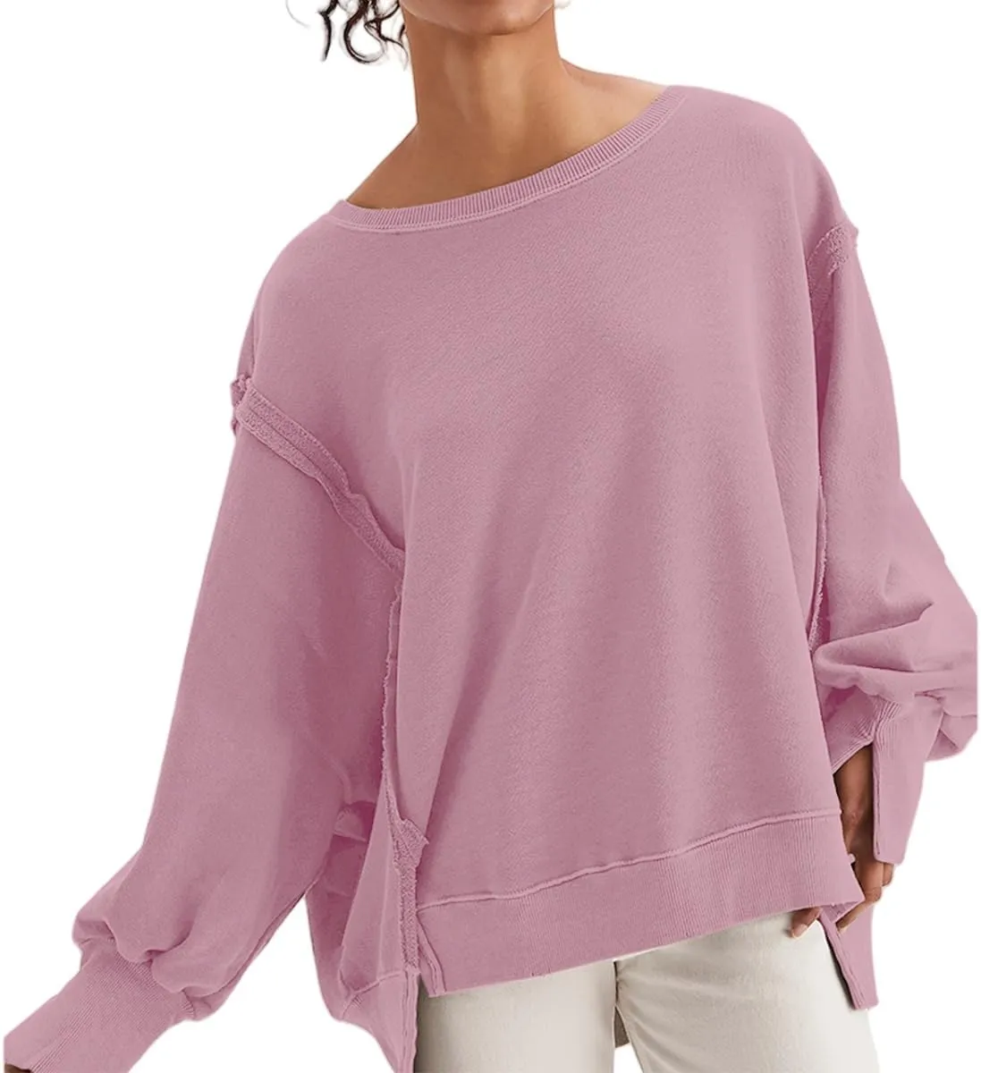 Women Loose Crewneck Cotton Sweatshirt Side Slit Long Sleeve Casual Pullover Sweatshirts for Women