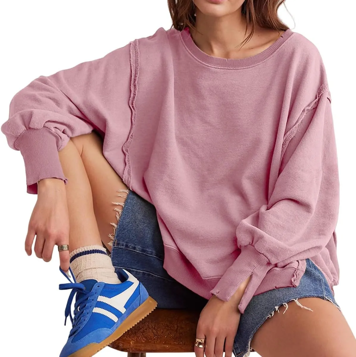 Women Loose Crewneck Cotton Sweatshirt Side Slit Long Sleeve Casual Pullover Sweatshirts for Women