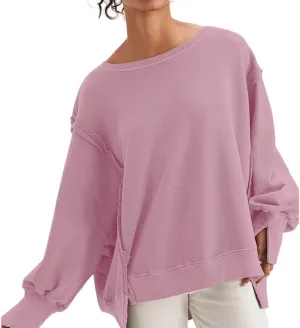 Women Loose Crewneck Cotton Sweatshirt Side Slit Long Sleeve Casual Pullover Sweatshirts for Women