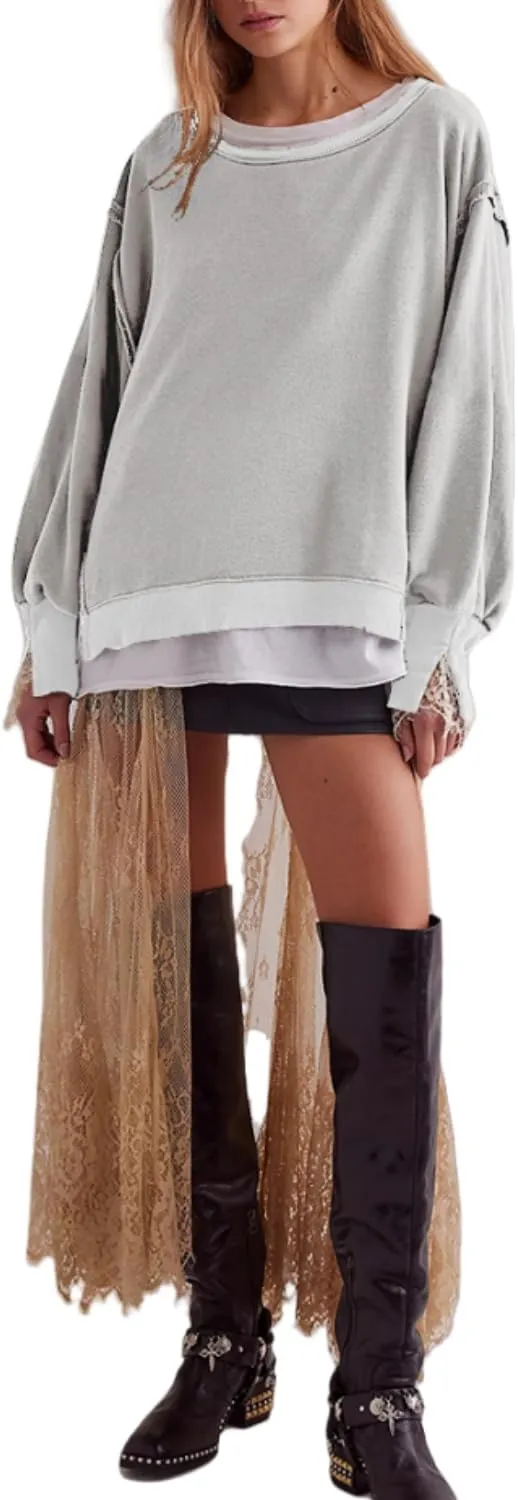 Women Loose Crewneck Cotton Sweatshirt Side Slit Long Sleeve Casual Pullover Sweatshirts for Women