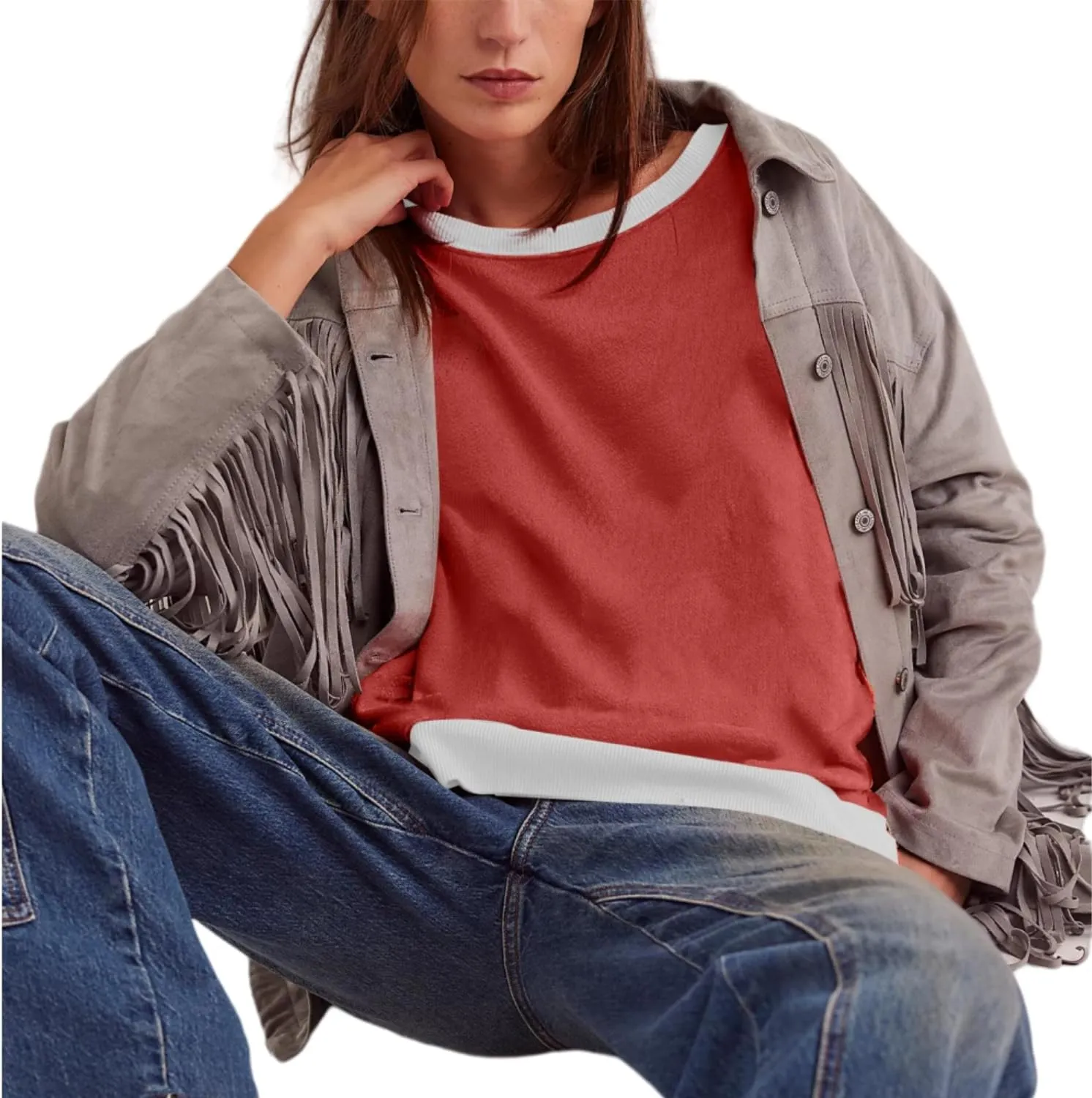 Women Loose Crewneck Cotton Sweatshirt Side Slit Long Sleeve Casual Pullover Sweatshirts for Women