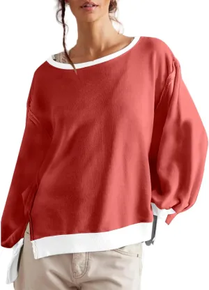 Women Loose Crewneck Cotton Sweatshirt Side Slit Long Sleeve Casual Pullover Sweatshirts for Women