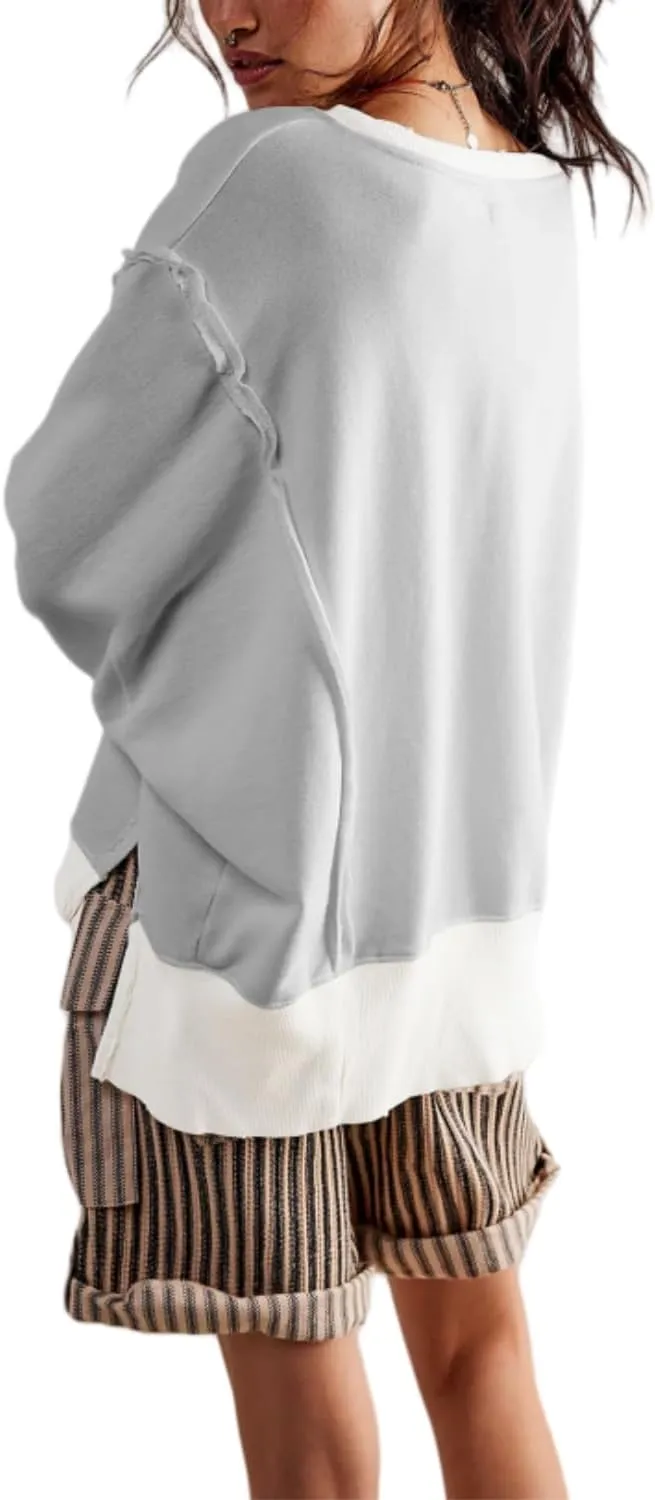 Women Loose Crewneck Cotton Sweatshirt Side Slit Long Sleeve Casual Pullover Sweatshirts for Women