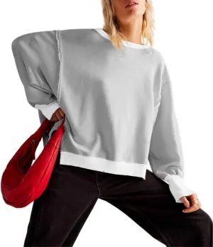 Women Loose Crewneck Cotton Sweatshirt Side Slit Long Sleeve Casual Pullover Sweatshirts for Women