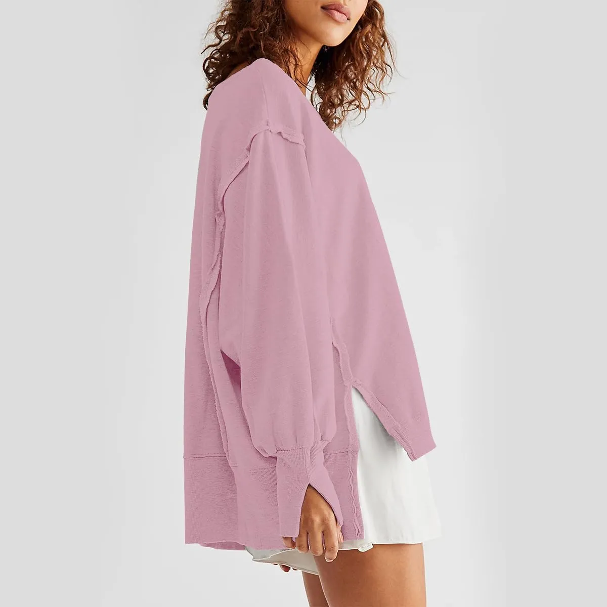 Women Loose Crewneck Cotton Sweatshirt Side Slit Long Sleeve Casual Pullover Sweatshirts for Women